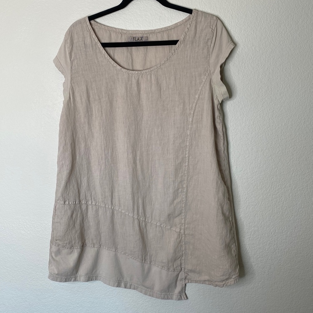 Flax linen cap sleeve shirt women’s small tan loose VGUC